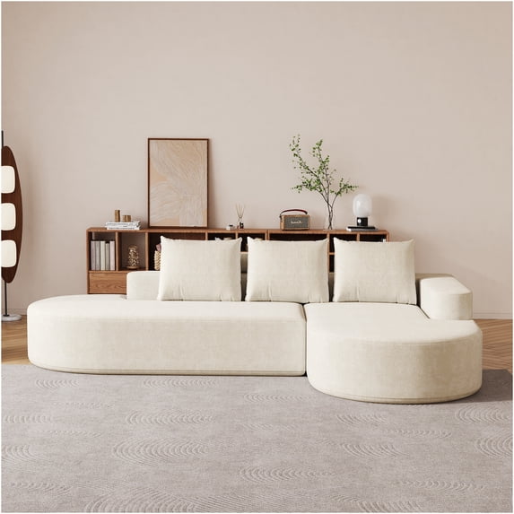 JERFIT Modern Chenille L-Shaped Sectional Sofa with Pillows, Beige Modular Curved Couch for Living Room, No Assembly Required