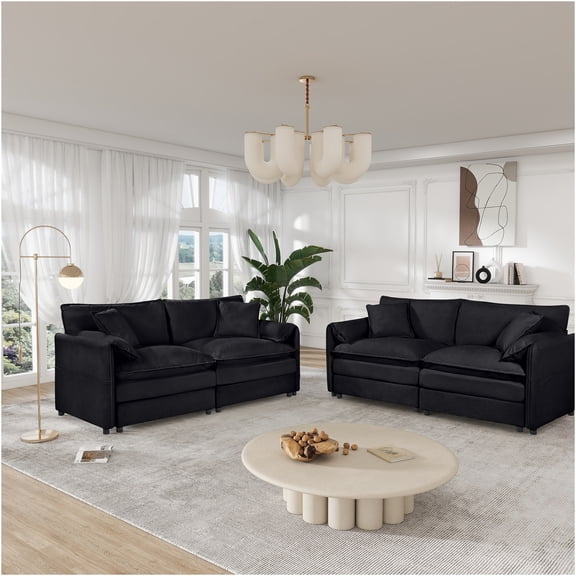 JERFIT Modern Chenille Sectional Sofa Set, 2-Piece Oversized Loveseat with 4 Pillows, Deep Seating Cloud Couch for Living Room, Office, Black