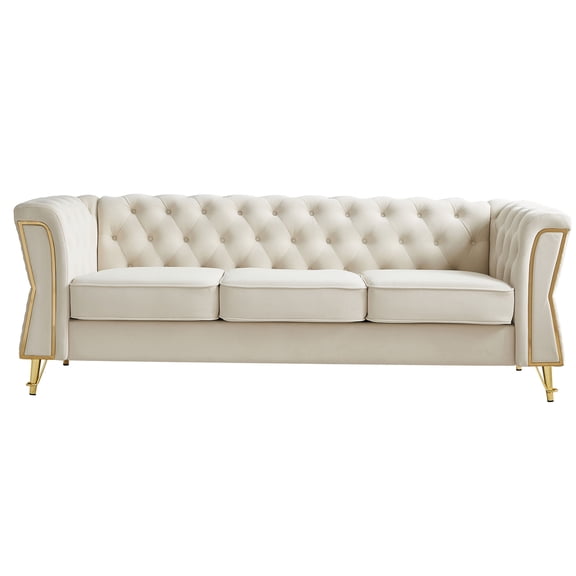 JERFIT Modern Chesterfield Style Velvet Sofa, 87" Luxe Button Tufted Couch for Living Room, Beige