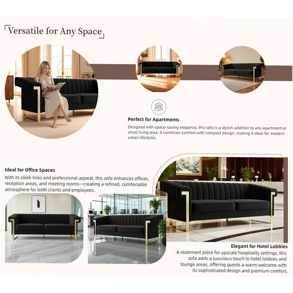 JERFIT Modern Chesterfield Velvet Sofa 3 Seater Couch with Gold Legs, Channel Tufted Back for Living Room