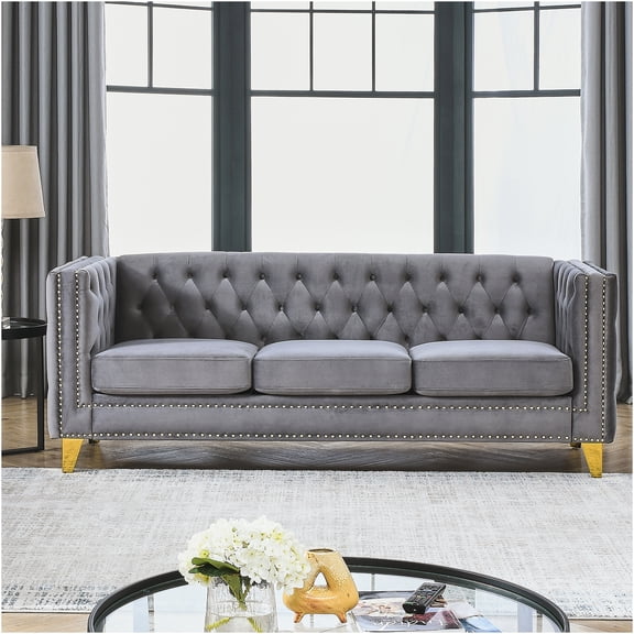 JERFIT Modern Chesterfield Velvet Sofa, 3-Seater Tufted Couch with Square Arms and Metal Legs for Living Room, Bedroom, Office, Gray