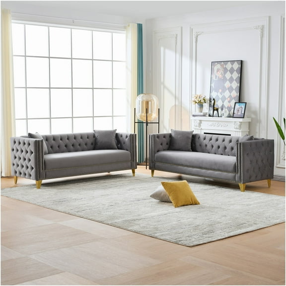 JERFIT Modern Chesterfield Velvet Sofa, 6-Seater Upholstered Couch with Tufted Back and Nailhead Trim for Living Room