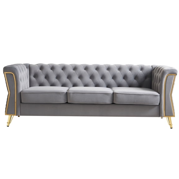 JERFIT Modern Chesterfield Velvet Sofa Couch for Living Room, Light Grey, Mid-Century Tufted Button Back, Flared Arms with Gold Metal Frame