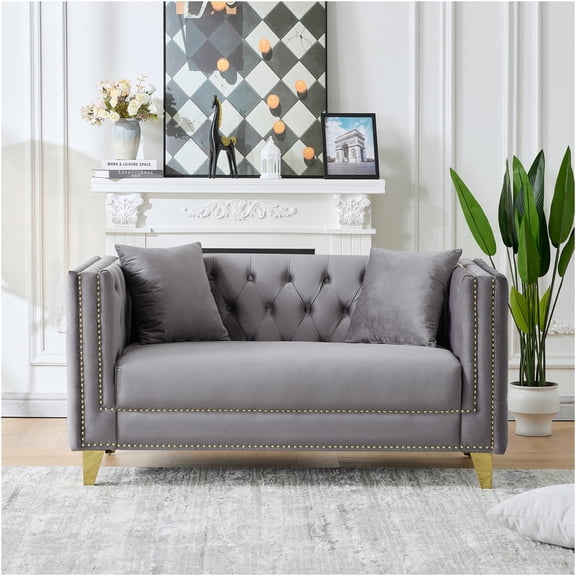 JERFIT Modern Chesterfield Velvet Sofa for Living Room, 2-Seater Couch with Tufted Back and Nailhead Trim, Plush Comfort, Grey Upholstered Furniture