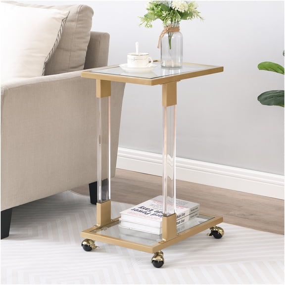 JERFIT Modern Chrome C-Shaped End Table with Tempered Glass Top, Mobile Rolling Side Table on Lockable Casters for Living Room, Bedroom, Office
