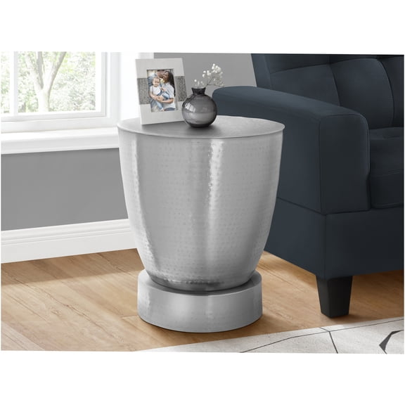 JERFIT Modern Chrome Drum Accent Table, 20 inch Round Side End Table with Hammered Metal Finish for Living Room, Bedroom Nightstand