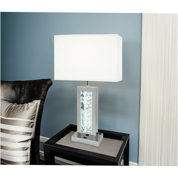 JERFIT Modern Chrome LED Table Lamp with Glass Bubble Column and Rectangular Shade for Ambient Lighting