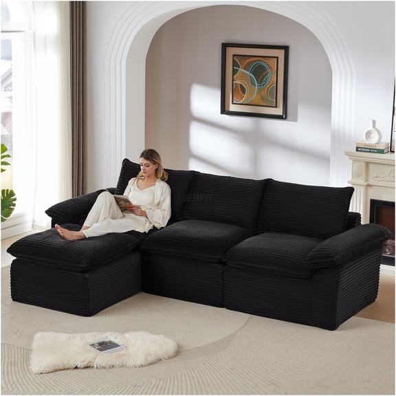 JERFIT Modern Cloud Sofa Set, 4-Seat Corduroy Sectional Couch with Foam & Spring, Black