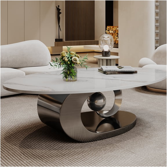 JERFIT Modern Coffee Table, 30 inch Faux Marble Top with Sculptural Stainless Steel Base, Mid-Century Industrial Center Table for Living Room, Grey and White Finish