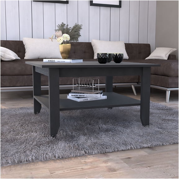 JERFIT Modern Coffee Table with Bottom Shelf, Black Finish Console Table for Living Room, Sofa Table with Sturdy Particle Board