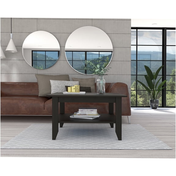 JERFIT Modern Coffee Table with Bottom Shelf, Black Particle Board Console Table for Living Room, Sofa Table with Sturdy 4-Leg Design