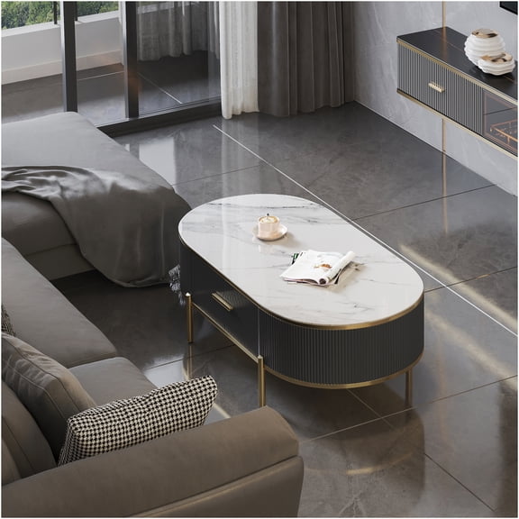 JERFIT Modern Coffee Table with Drawer, Sintered Stone Top, Gold Metal Legs for Living Room, Contemporary Design