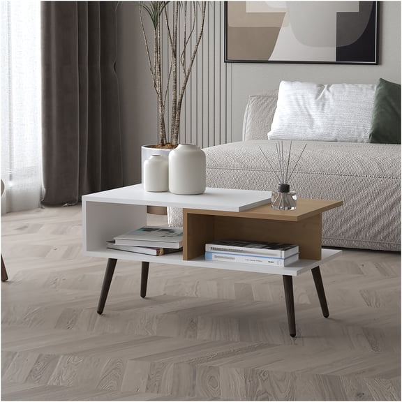 JERFIT Modern Coffee Table with Open Shelf, Mid-Century Accent Table with Tapered Legs for Living Room, White and Oak Finish