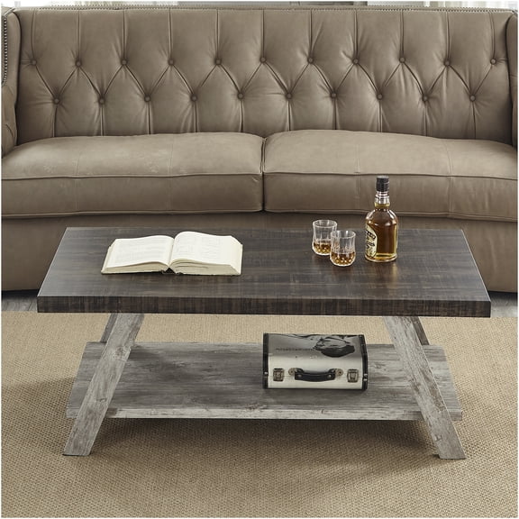 JERFIT Modern Coffee Table with Storage Shelf, Two-Tone Wood Console Table for Living Room, Weathered Walnut Top & Gray Base