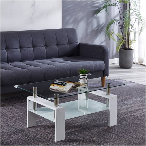 JERFIT Modern Coffee Table with Tempered Glass Top and 2 Drawers, White Sofa Table for Living Room with Stainless Steel Legs, Sturdy MDF Base