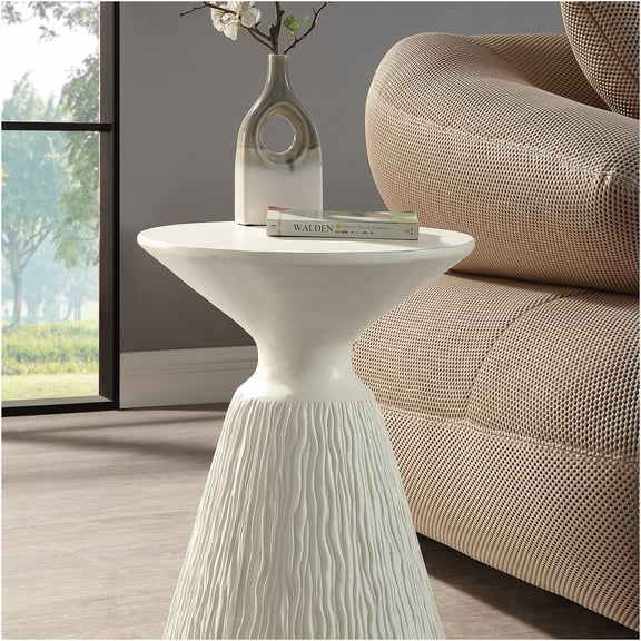 JERFIT Modern Concrete End Table, Round Accent Table for Living Room, Bedroom & Office, White Stone Finish, Small Side Table with Minimalist Design