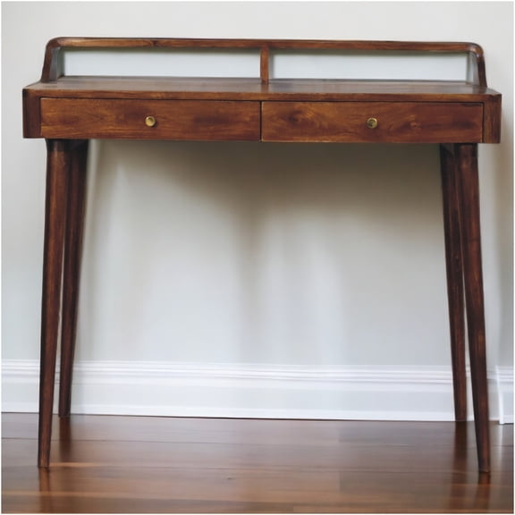 JERFIT Modern Console Table with 2 Drawers, Solid Mango Wood Sofa Table for Entryway, Nordic Design Hallway Accent Table in Dark Brown Chestnut Finish