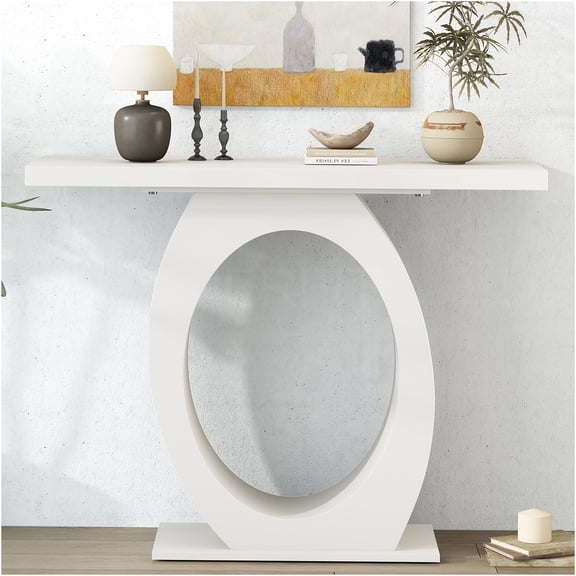 JERFIT Modern Console Table with Egg-Shaped Base, Beige Sofa Table for Living Room, Bedroom Accent Table with High Gloss Finish and 220 lbs Load Capacity