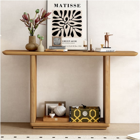 JERFIT Modern Console Table with Curved Corners, U-Shaped Base, Natural Acacia Wood Veneer Sofa Table for Living Room, Entryway, Bedroom