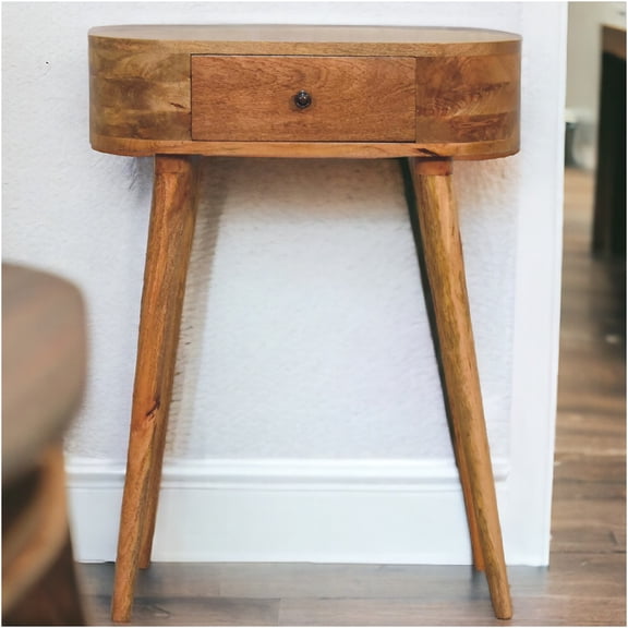 JERFIT Modern Console Table with Drawer, Solid Mango Wood Sofa Table for Small Spaces, Scandinavian Entryway Table with Nordic Legs, Brown Oak Finish