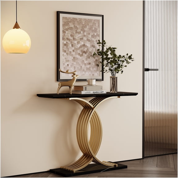 JERFIT Modern Console Table with Gold Metal Legs, Black Sofa Table for Entryway, Narrow Hallway Accent Table, Luxury Side Table for Living Room