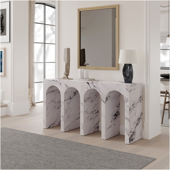 JERFIT Modern Console Table with Marble Engineered Stone Top, Waterproof Heat-Resistant Accent Table for Living Room, Entryway
