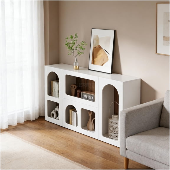 JERFIT Modern Console Table with Storage, White Sofa Table for Entryway, Hallway & Living Room, Farmhouse Style Accent Table with 6 Cubby Organizer