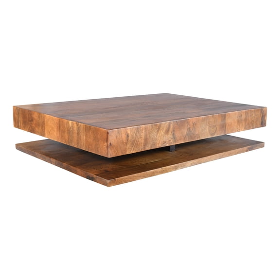 JERFIT Modern Contemporary Solid Wood Coffee Table with Lower Shelf, Handcrafted Low Profile Design for Small Space, Brown Finish