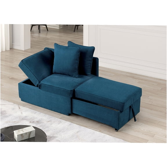 JERFIT Modern Convertible Chair with Adjustable Headrest, Pull-Out Storage Ottoman & Pillows, Blue Fabric Upholstered Living Room Accent Chair