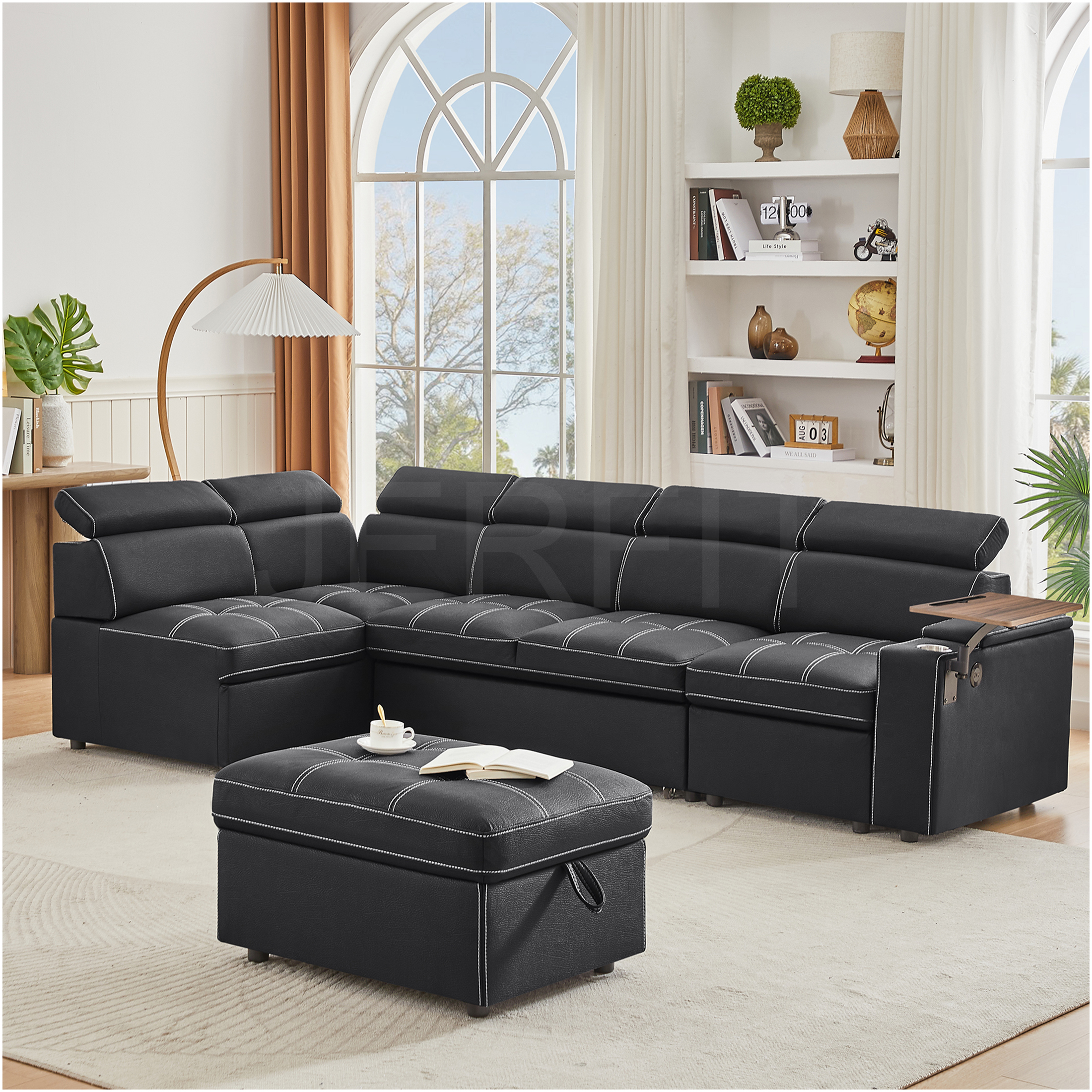 JERFIT Modern Convertible Sectional Sofa Bed with Storage Ottoman, USB ...