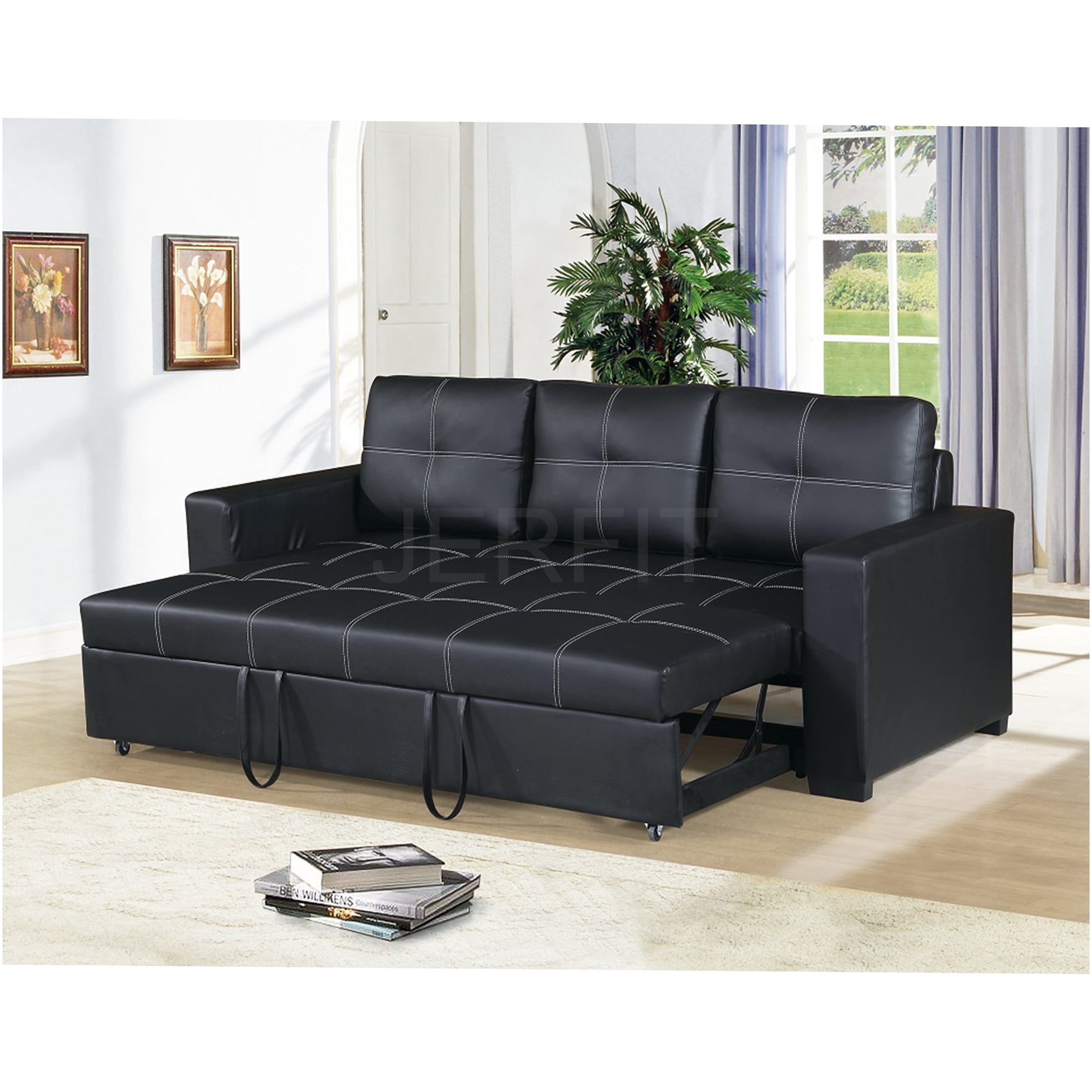 JERFIT Modern Convertible Sofa Bed, Black Faux Leather Pull Out Sleeper ...