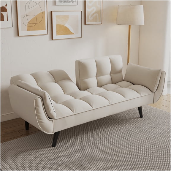 JERFIT Modern Convertible Sofa Bed for Small Spaces, 2-Seater Velvet Upholstery with Adjustable Backrest, Chaise Lounge for Apartment Living Room, Beige