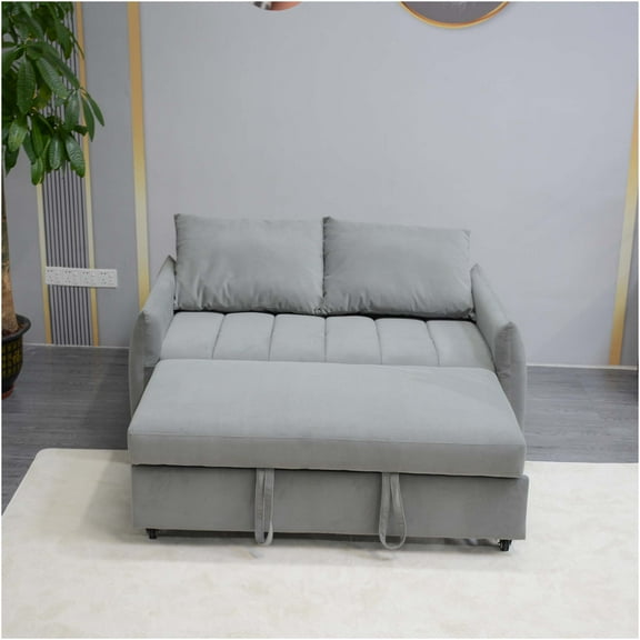 JERFIT Modern Convertible Sofa Bed with USB Charging, Velvet Loveseat Sleeper with Adjustable Backrest, Storage Pockets & Pillows for Living Room, Apartment, Light Gray