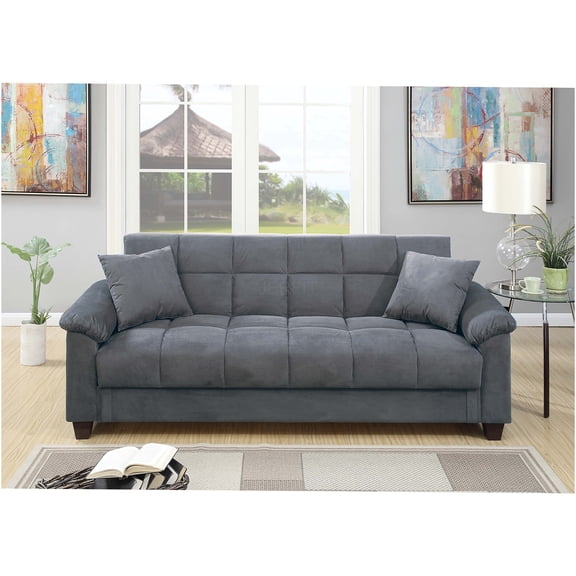 JERFIT Modern Convertible Sofa Bed with Storage & USB Charger, Gray Microfiber Futon Couch with Pillows for Small Space