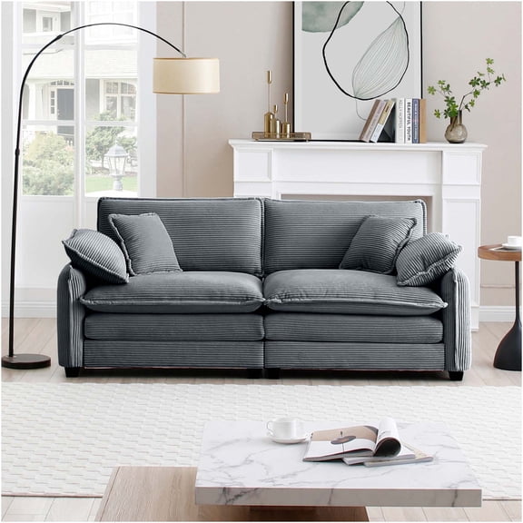 JERFIT Modern Corduroy 2-Seater Sofa with Deep Seat and Throw Pillows, Retro Loveseat for Living Room, Apartment, Grey