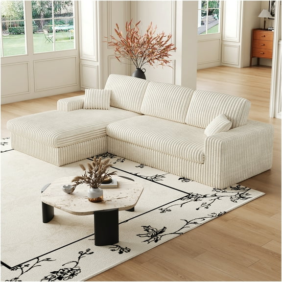 JERFIT Modern Corduroy 3-Seater Recliner Sofa Set with Reversible Chaise, L-Shape Couch and Pillows for Living Room, Beige