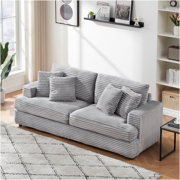 JERFIT Modern Corduroy 3-Seater Sofa Couch with 4 Throw Pillows for Living Room, Comfortable Fabric Sofa Bed, Gray