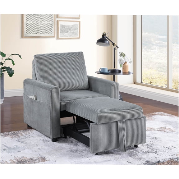 JERFIT Modern Corduroy Accent Chair with Pull-Out Chaise Lounge, Side Pockets, and Plush Cushions for Living Room, Bedroom, or Apartment
