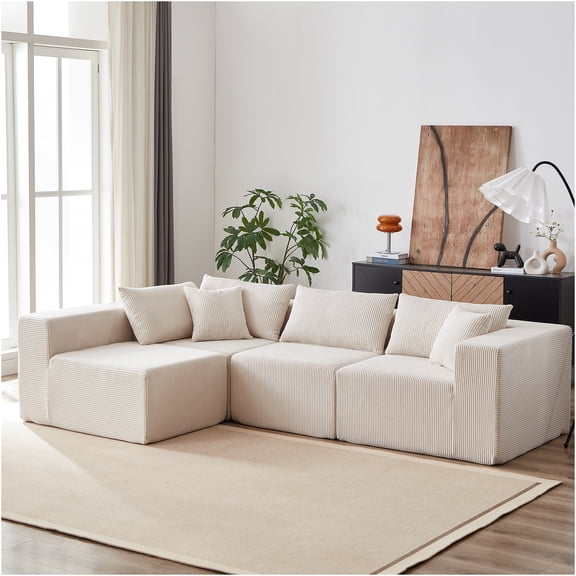 JERFIT Modern Corduroy L-Shaped Sectional Sofa Set, 4-Piece Modular Floor Couch with Foam Cushions for Living Room, Apartment, Beige