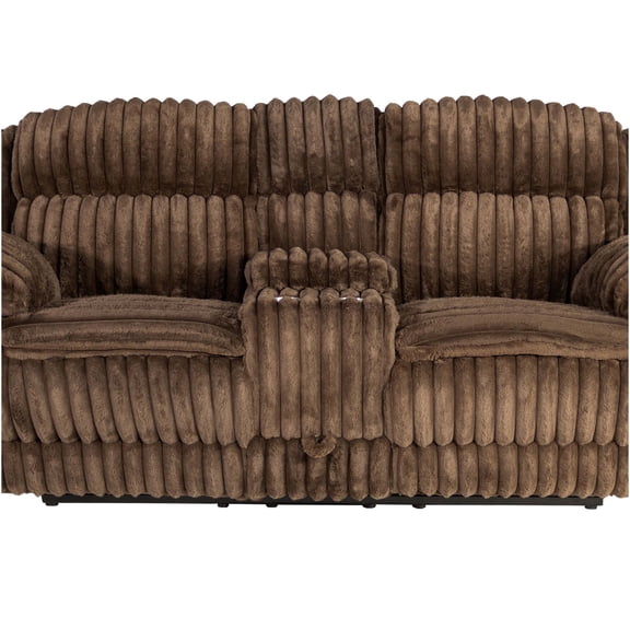 JERFIT Modern Corduroy Loveseat Recliner with Console, Cup Holders & Storage Drawer, Manual Motion Reclining Sofa for Living Room, Chocolate