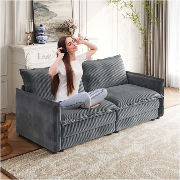 JERFIT Modern Corduroy Loveseat Sofa for Living Room, 2-Seater Couch with Accent Pillows, Deep Seat Upholstered Furniture in Grey