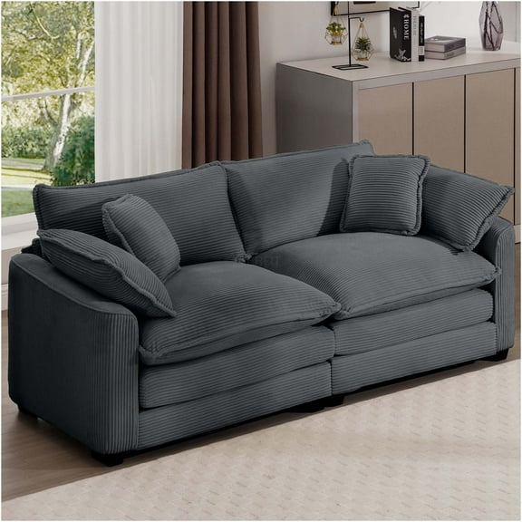 JERFIT Modern Corduroy Loveseat Sofa with Throw Pillows, Deep Seating Couch for Living Room, Grey