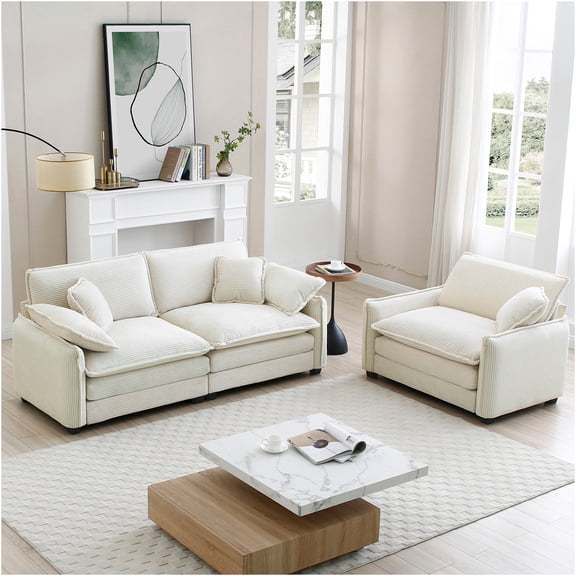 JERFIT Modern Corduroy Sofa Set 3-Seater and Loveseat for Small Space, Beige Retro Fabric Couch for Living Room, Apartment