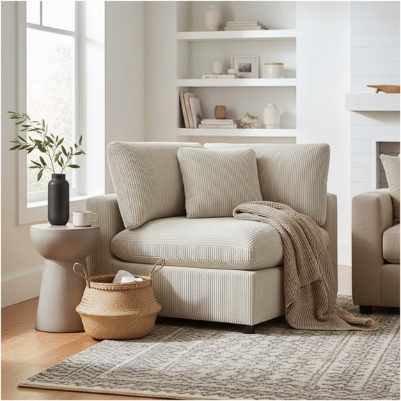 JERFIT Modern Corner Chair with Ottoman, Beige Corduroy Fabric, Polyester, Plush Down Blend Cushions, Solid Wood Legs for Living Room, Bedroom