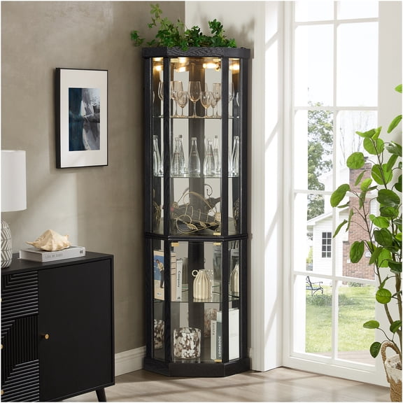 JERFIT Modern Corner Curio Cabinet with Lights, Glass Display Case with Adjustable Shelves & Lock, for Living Room, Dining Room, Bar, Antique, Wine & Collectibles Storage, in Black