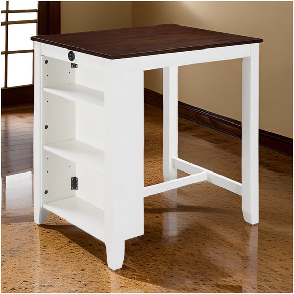 JERFIT Modern Counter Height Dining Table with USB Charging Ports, Storage Shelf, White and Brown Solid Wood Kitchen Table for Small Space