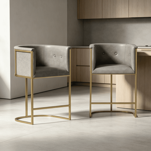 JERFIT Modern Counter Stool, 26 Inch Kitchen Island Stool with Faux Leather Upholstery, Tufted Back and Brass Finish Metal Base for Bar, Dining, and Breakfast Nook