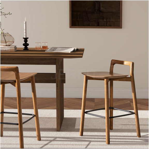 JERFIT Modern Counter Stool, Dark Brown Wood Kitchen Island Stool with Footrest, Minimalist Low Back Bar Stool for Dining & Kitchen