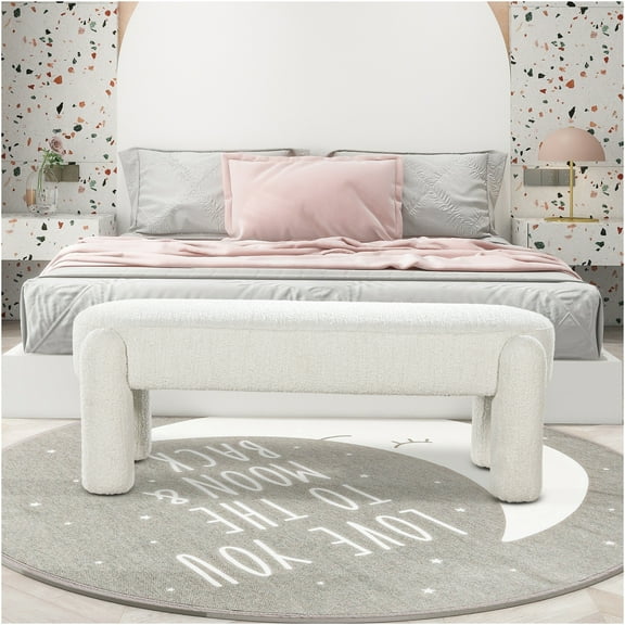 JERFIT Modern Cream Boucle Upholstered Bench with Foam Cushioning, 49-Inch Oval Accent Stool for Living Room, Bedroom, Entryway