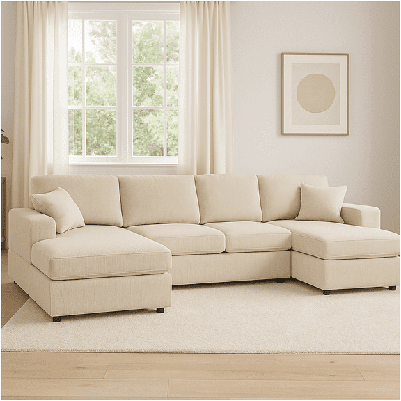 JERFIT Modern Cream Corduroy 3-Piece Sectional Sofa with Double Chaise, U-Shaped Reversible Modular Couch for Living Room